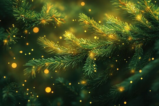 A detailed close-up of vibrant green pine tree branches with needles, softly illuminated by small, glowing fairy lights