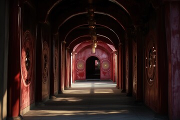 Fototapeta premium A serene corridor with red walls and ornate circular designs, illuminated by soft light. The perspective leads to a distant entrance, creating a sense of depth and tranquility.