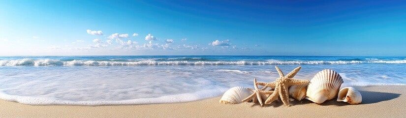 Peaceful beach scene with seashells and starfish