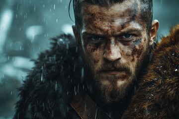 Obraz premium Warrior in rain-soaked forest displays fierce determination and rugged survival instincts during a challenging battle