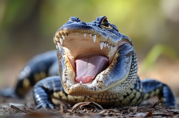 Obraz premium Close-Up of a Lizard with an Open Mouth Showcasing Sharp Teeth and Intricate Scales in a Natural Habitat with Green Background