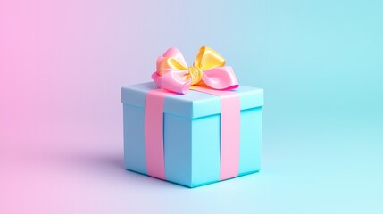 Fototapeta premium A single blue gift box tied with a pink and yellow bow