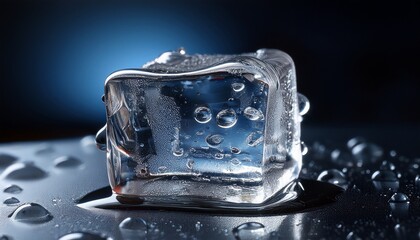Close-Up of a Melting Ice Cube in a Drink with Water Droplets Cascading Down Its Surface