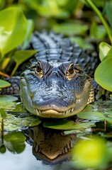 Fototapeta premium Close-Up of a Lurking Alligator Amidst Lush Greenery and Reflective Water in a Natural Habitat of Swamps or Wetlands