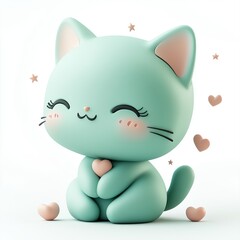 Obraz premium Pet portraits, Cute Mint Green Cartoon Cat with Hearts and Cheerful Expression
