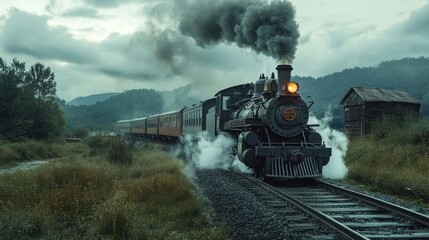 Obraz premium Steam train journey, mountain mist