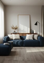 Fototapeta premium Home Frame mockup. Living room wall blank poster mock up. Interior mock-up with house background. Modern interior design. 3D render