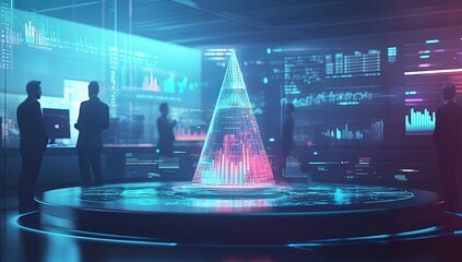 Futuristic data analysis, holographic pyramid, business team