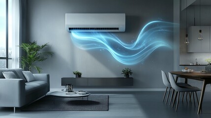 Modern air conditioner in a stylish living room, blowing cool air. (1)