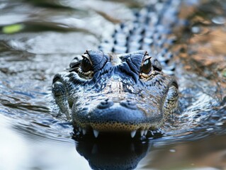 Close-up of a Lurking Alligator with Intense Eyes Emerging from Calm Water in a Lush Wetland Environment