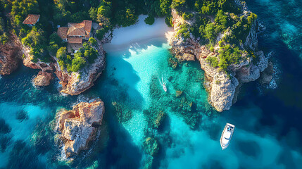 Obraz premium An awe-inspiring aerial photography of a tropical island with a beach of smooth coral stones, the bright sunlight enhancing the vibrant colors of the water and surrounding vegetation.