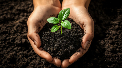 Hands Gently Holding Dark Rich Soil with a Sprouting Plant