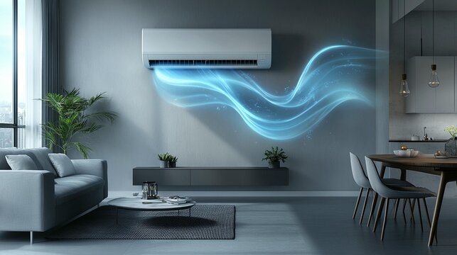 Modern air conditioner in a stylish living room, blowing cool air. (1)
