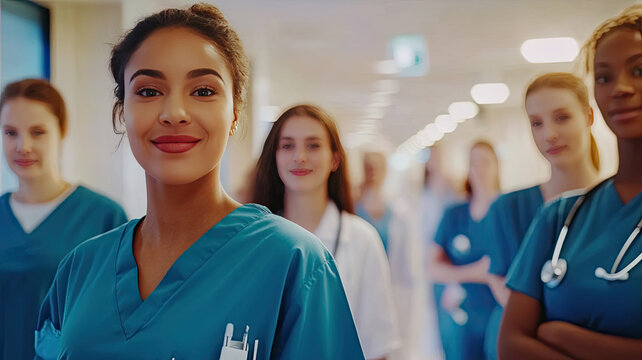 International Nurses Day scene featuring a diverse group of nurses in scrubs and uniforms in a modern hospital corridor - Powered by Adobe