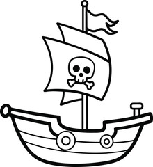 Pirate Ship Coloring Page Vector Illustration with Skull and Crossbones on Sails for Kids
