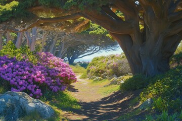 Pacific Grove Coastline with Blooming Cypress Trees Along Scenic Drive