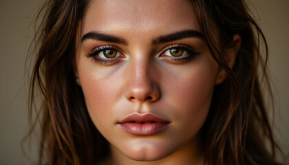close up portrait of woman with striking features and glowing skin
