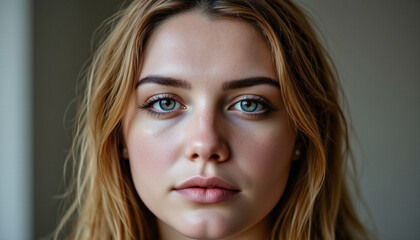 Naklejka premium close up portrait of young woman with striking blue eyes and natural makeup