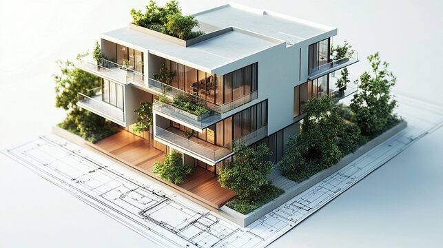 Modern apartment building 3D model on architectural blueprints.