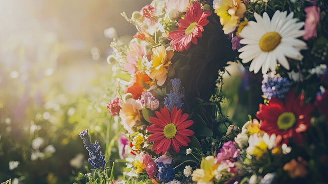 Hand-crafted flower wreath filled with bright, cheerful blossoms, for festive midsummer celebrations
