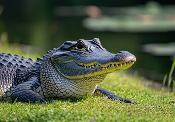 Obraz premium Close-up of a Lying Alligator on Green Grass by a Serene Waterbody Surrounded by Nature's Beauty and Calm Environment