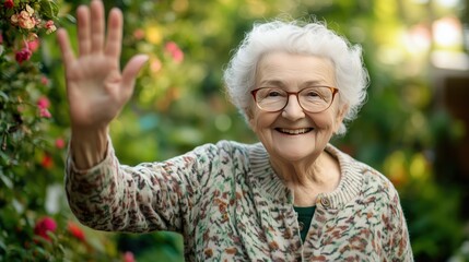 A cheerful elderly woman waving and smiling at the camera in her garden