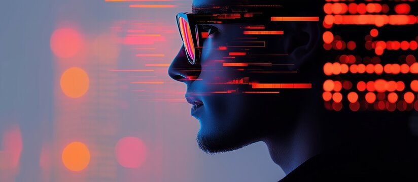 Artificial Intelligence and deep learning technology to analyze automated data showing a face. Binary code background. Generative AI