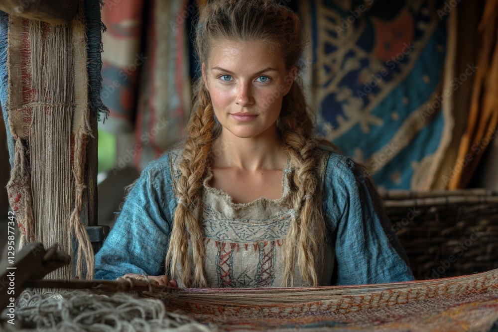 Poster young woman weaves fabric in a rustic workshop adorned with colorful textiles in a tranquil countrys