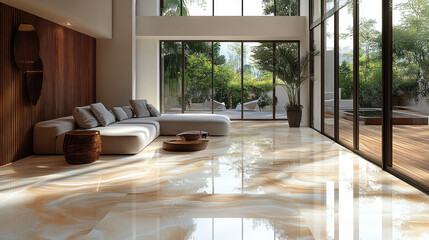 Modern living room with polished marble floors and patio views