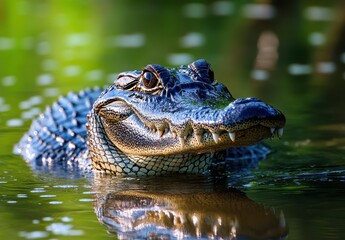 Obraz premium Close-up of a Magnificent Alligator in Calm Water Surrounded by Lush Greenery, Showcasing Intricate Scales and Fierce Expression Under Bright Sunlight