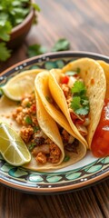  Delicious Mexican Tacos with Fresh Lime and Salsa Served on a Ceramic Plate
