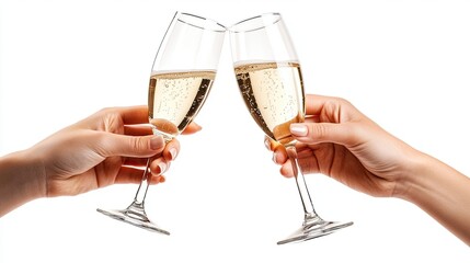 Two hands toasting with champagne glasses filled with sparkling wine isolated on white background for celebration