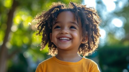 A cheerful child with delightful curls smiles broadly while enjoying the sunny day. Surrounded by lush greenery, the scene radiates happiness and innocence, capturing a moment of pure joy