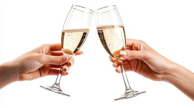 Two hands toasting with champagne glasses filled with sparkling wine isolated on white background for celebration