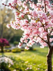 Fototapeta premium Pale Pink Cherry Blossom Tree Blossoming in a Dreamy Spring Garden