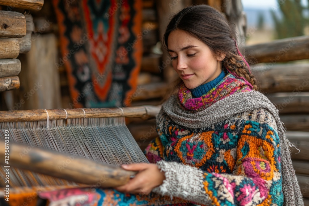 Poster skilled artisan weaves colorful textiles in traditional setting during afternoon in a rustic cabin