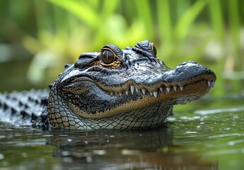 Obraz premium Close-up of a majestic alligator gliding through calm waters surrounded by lush green vegetation in a natural habitat capturing the essence of wildlife