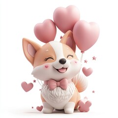 Pet portraits, Cute Cartoon Fox Holding Heart Balloons with Adorable Expression