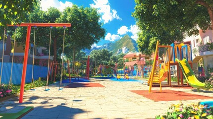 Sunny playground, mountain view, kids playing