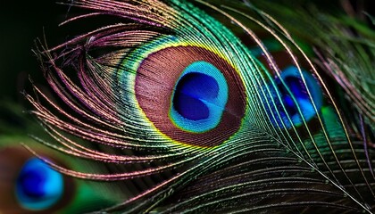 Obraz premium Close-Up of a Peacock Feather, Highlighting the Iridescent Colors and Intricate Patterns