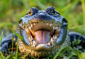Fototapeta premium Close-Up of a Majestic Alligator with Exposed Teeth Posing on Lush Green Grass Under Bright Natural Light in a Serene Outdoor Environment