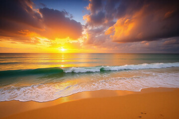 Obraz premium Beach at sunset orange yellow blue sky waves sand