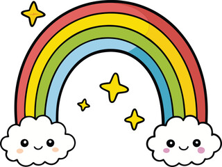 Colorful and Cute Rainbow Vector Illustration with Smiling Clouds and Sparkling Stars