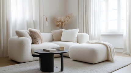 Fototapeta premium 洗練されたミニマルリビングの美学、シンプル＆エレガント：心地よい空間デザイン、自然と調和するインテリアスタイル、モダンミニマリズムの極み、静けさと温もりを感じるリビング、ナチュラル＆オーガニックな暮らし、落ち着いた色彩と心地よい家具の調和、ラグジュアリー×シンプルな洗練空間、快適な空間を演出するインテリア、温かみのあるミニマルデザイン