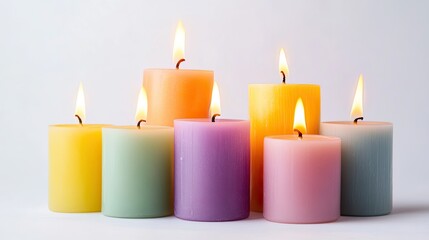 Colorful burning wax candles arranged together with warm glowing flames for relaxation and decorative ambiance