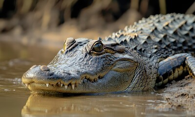 Obraz premium Close-Up of a Majestic Crocodile Posing Calmly by a Water Body with Intricate Textures and Natural Habitat Surroundings