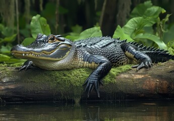Obraz premium Close-up of a majestic crocodile resting on a moss-covered log beside still water surrounded by lush tropical vegetation in a serene natural habitat