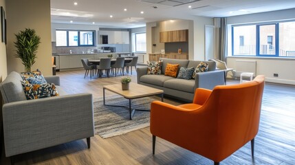 Modern apartment lounge, city view