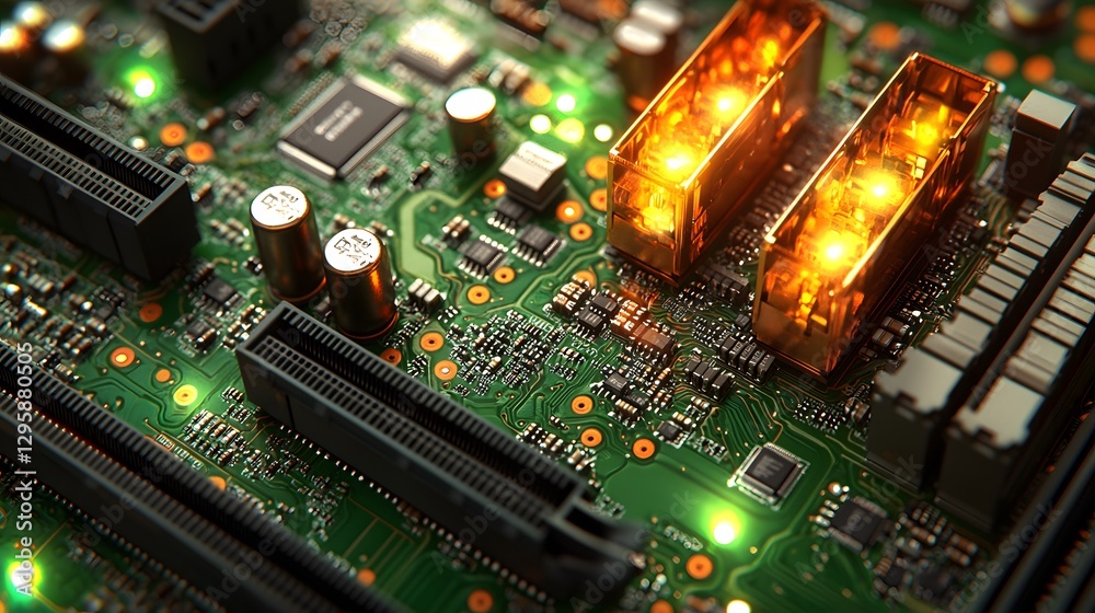 Poster an intricate computer motherboard featuring complex circuits and components essential for functionin