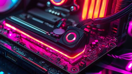 Obraz premium Detailed close-up of a computer motherboard with illuminating red light highlighting its complex circuitry